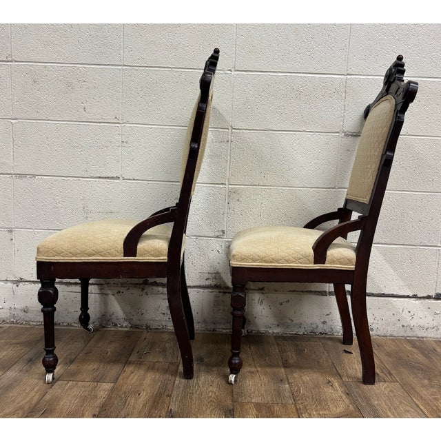 Antique Victorian Eastlake Style Carved Parlor Chairs Side Chairs - Pair For Sale - Image 10 of 10