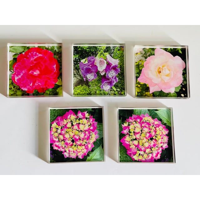 6” by 6” Lucite squares with blooming flowers and roses.
