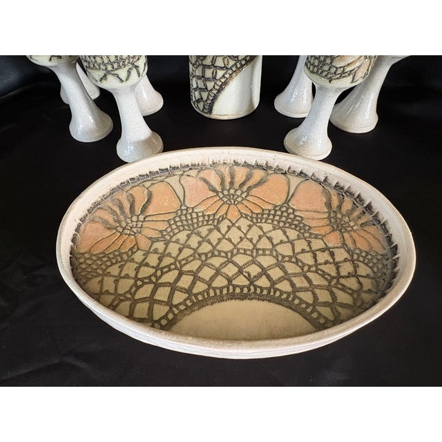 Folk Art 1990s Jana Kozon Kausalik 9 Piece Wheel Tossed Glazed Pottery Drink Set For Sale - Image 3 of 9