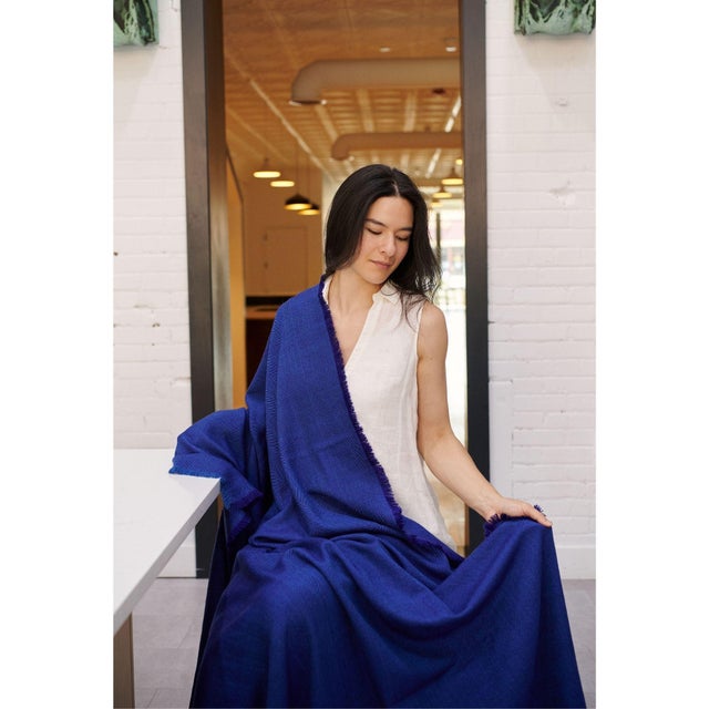 Cobalt Blue Herringbone Plush Soft Merino Handwoven Throw For Sale - Image 4 of 8