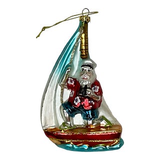 Vintage Coastal Christmas Christopher Radko Attributed Sailboat Santa Glass Ornament. For Sale