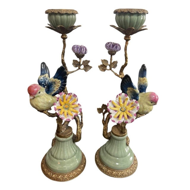 This exquisite pair of vintage, French-style candlesticks beautifully marries the delicate artistry of hand-painted...