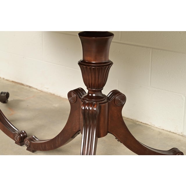 Baker Furniture Style Regency Mahogany Double Pedestal Extension Dining Table, Newly Refinished For Sale - Image 11 of 14