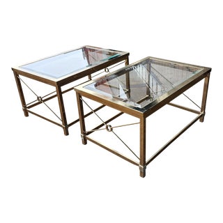 Pair Vintage Mid Century Brass Glass Top Living Room Side Tables, Style of Mastercraft, C1970s For Sale