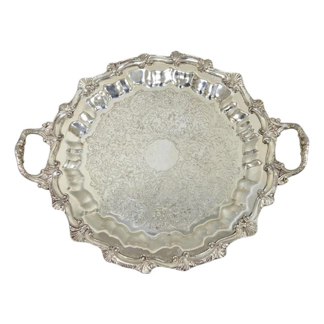 Vintage Victorian Silver Plated Round Scalloped Twin Handle Bar Serving Tray For Sale