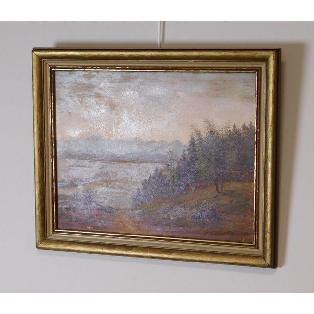 Traditional Mountain Valley Scene Framed Oil Painting On Board - Artist's Signature Illegible For Sale - Image 3 of 13