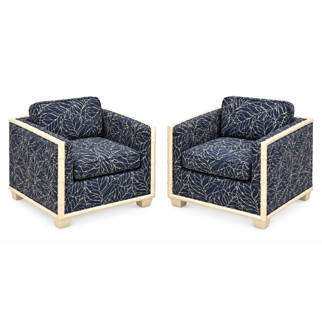 Navy Blue Hollywood Regency Era Navy Blue Faux Bamboo Banana Leaf Club Chairs, Pair For Sale - Image 8 of 8