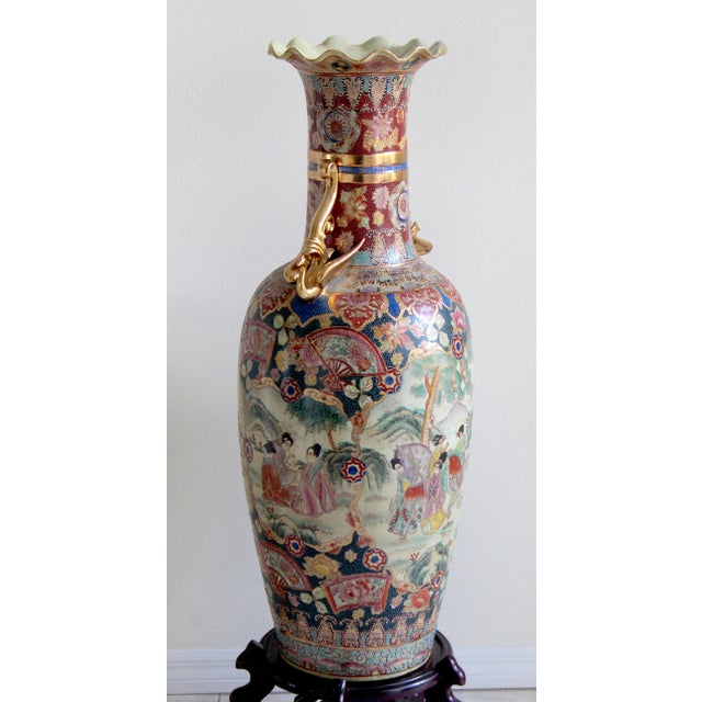 Monumental 50.5" Chinese Export Royal Satsuma-Style Palace Floor Vase With Wooden Stand For Sale - Image 14 of 18