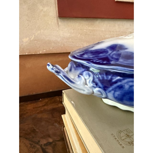 Antique English Flow Blue Covered Tureen | Staffordshire Serving Dish | Attributed Adams & Son | Victorian Transferware For Sale - Image 10 of 12