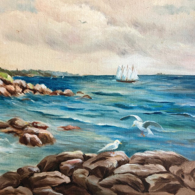 Vintage 1950’s Modernist Original Maine Coastal Painting Signed Lighthouse/Sailboat/Fisherman/Seagulls For Sale - Image 4 of 6