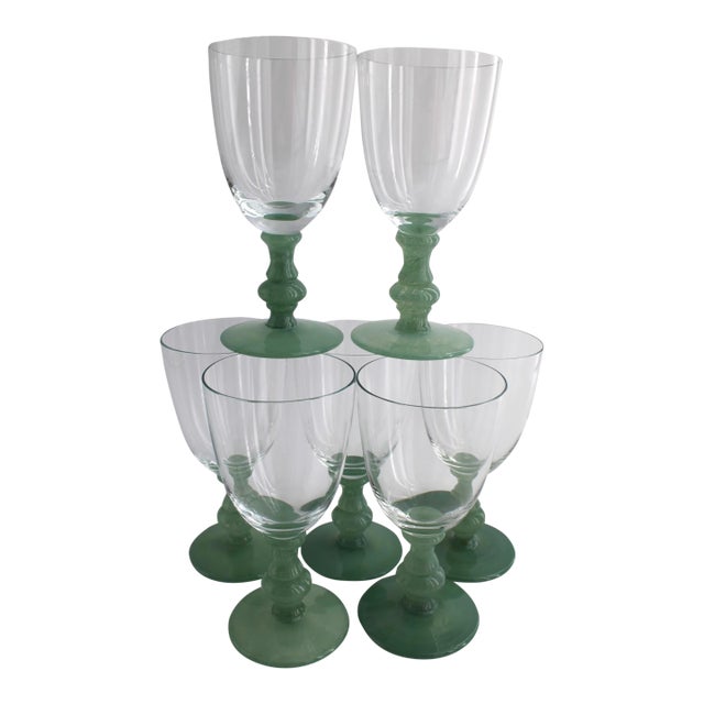 1990s Villeroy & Boch Isabelle Blown Glass Water Goblets in Jade Green - Set of 7 For Sale