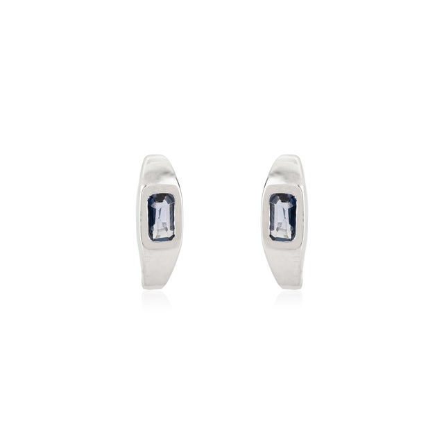 Boho Chic Octagon Cut Light Blue Sapphire 14k Gold Chunky Hoop Earring Set Gifts for Her- A Pair For Sale - Image 3 of 11