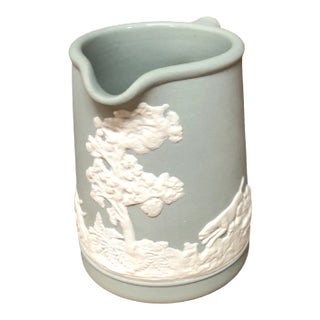 Vintage Pale Green English Jasperware Pitcher Hunt Scene For Sale