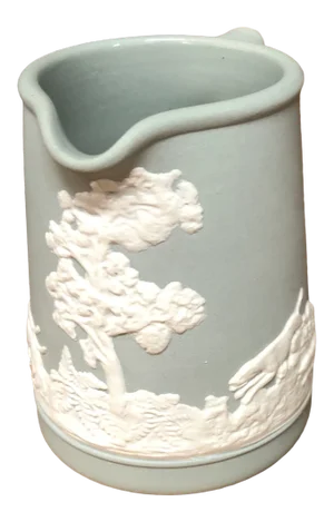 Vintage Pale Green English Jasperware Pitcher Hunt Scene