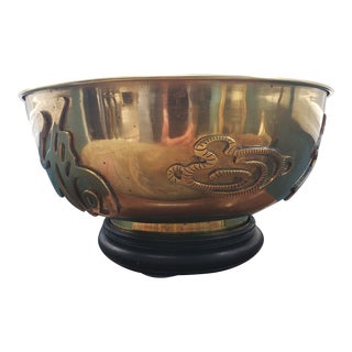 Mid 20th Century Brass Bowl With Asian Symbols & Wood Base For Sale