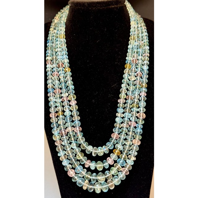 Gemstone 1000 Carat Natural Fine Aquamarine Bead Necklace, Four Strand in Metal Clasp For Sale - Image 7 of 18