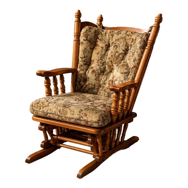 Vintage Solid Wood Windsor-Style Glider Rocking Chair With Tufted Cushions For Sale