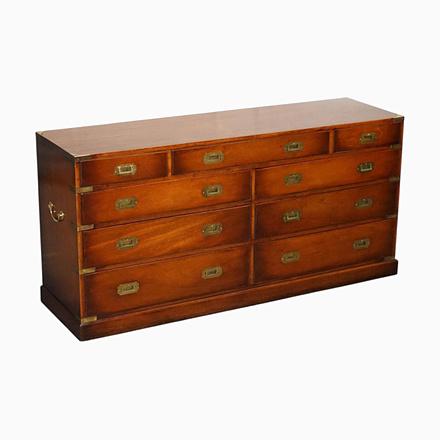 Vintage Yew Wood Military Campaign Sideboard Bank of Drawers with Brass Handles For Sale - Image 18 of 18
