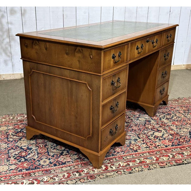 Vintage English Flat Desk with Drawers in Yew Wood with Leather Top, 1970s For Sale - Image 10 of 15