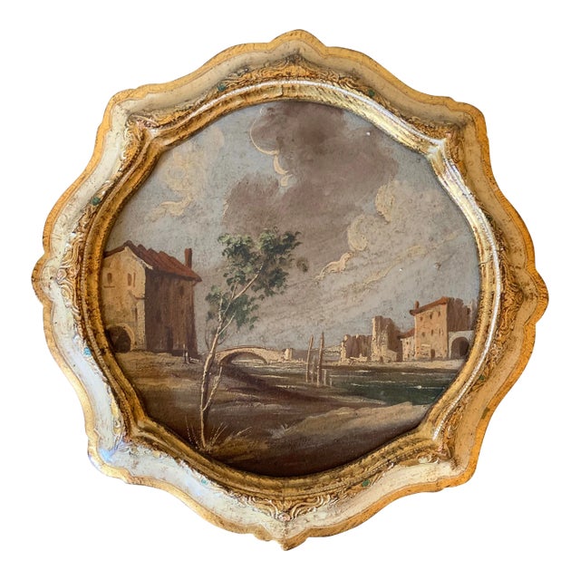 Vintage Italian Capriccio Framed Oil on Canvas Painting of Landscape With Ruins For Sale