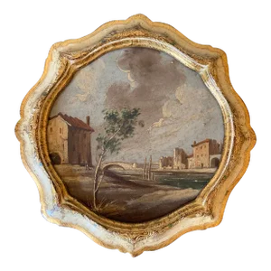 Vintage Italian Capriccio Framed Oil on Canvas Painting of Landscape With Ruins