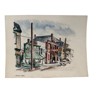 Henry Emil Salloch Original Watercolor on Paper Vintage Small Town Main Street, 1952.