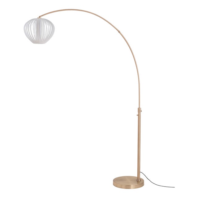Float Arc Floor Lamp, Weathered Brass, Sphere White Satin Shade, Steel Base For Sale