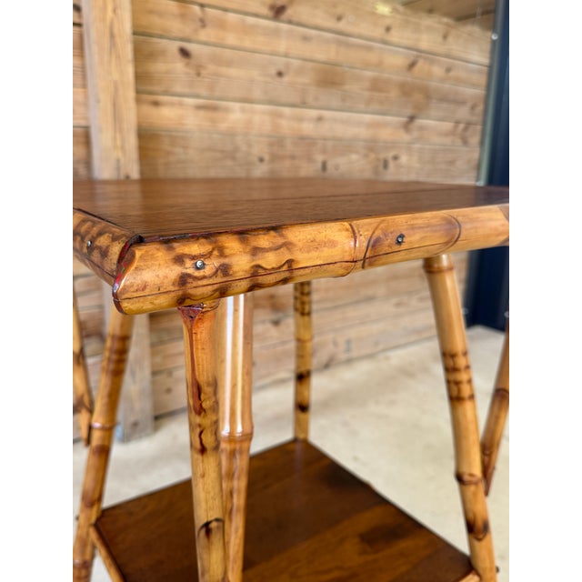 Victorian Antique Scorched Bamboo Two-Tier Side Table With Wood Shelves For Sale - Image 3 of 12