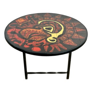 Vintage Round Graphic Red and Yellow Ceramic Coffee Table, 1960s For Sale