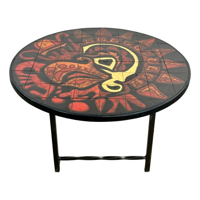 Vintage Round Graphic Red and Yellow Ceramic Coffee Table, 1960s For Sale