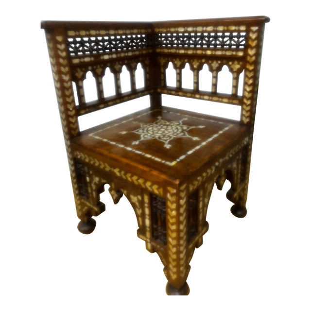 Antique Syrian Mother-of-Pearl Inlaid Corner Chair With Moorish Arches For Sale