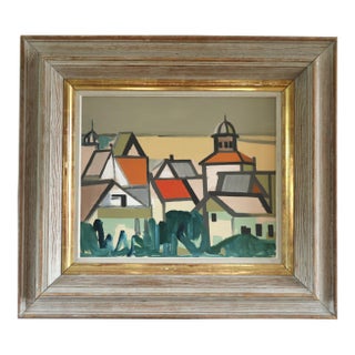 Mid-Century Modern 'Where Houses Gather' Vintage Geometric Abstract Street Scene Oil Painting by Swedish Artist Wilhelm Wik (1897-1987), Framed For Sale
