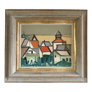 Mid-Century Modern 'Where Houses Gather' Vintage Geometric Abstract Street Scene Oil Painting by Swedish Artist Wilhelm Wik (1897-1987), Framed