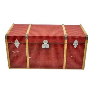 Mid 20th Century Vintage Art Deco Wood and Tin Metal Wrapped Red Faux Cane Wicker Chest Trunk Box