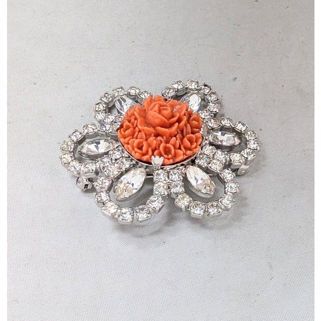 Kramer Vintage 1950s Signed Kramer Carved Faux-Coral & Clear Rhinestone Brooch For Sale - Image 4 of 7