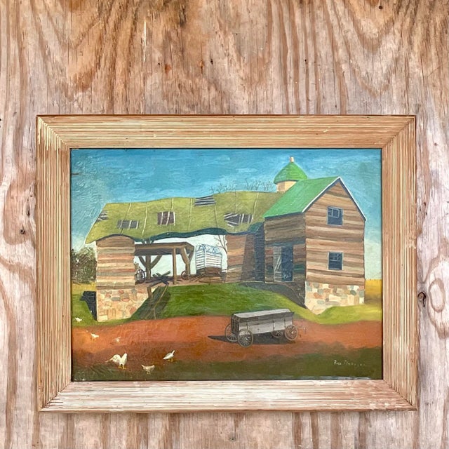 Late 20th Century Vintage Signed American Folk Art Farm Landscape Oil Painting For Sale - Image 5 of 13