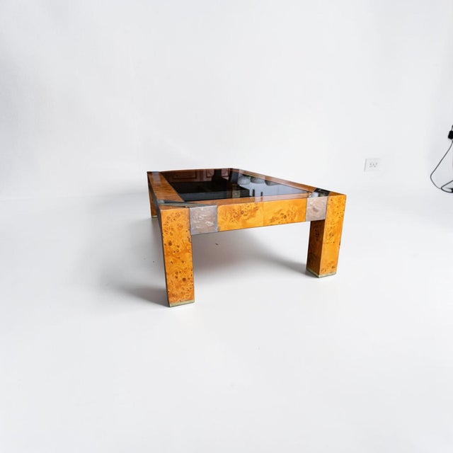 Mid-Century Modern 1970s Burl & Smoke Glass Coffee Table With Chrome Trim in the Style of Milo Baughman For Sale - Image 3 of 18