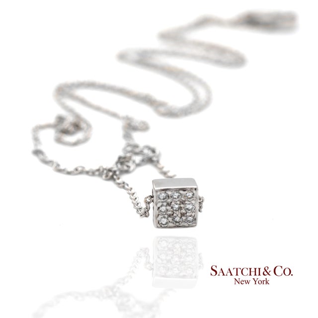 Early 21st Century 18k(750) White Gold Natural Diamond Square Box Shape Pendant Necklace With Chain For Sale - Image 5 of 11