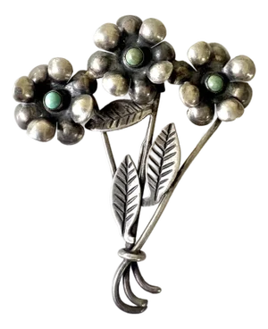 Vintage Sterling Silver and Turquoise Flower Brooch.