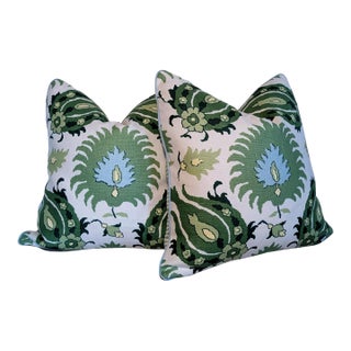 Brunschwig & Fils Kashmiri Ikat 24" Pillows in Leaf/Aloe- Pair of 2 For Sale