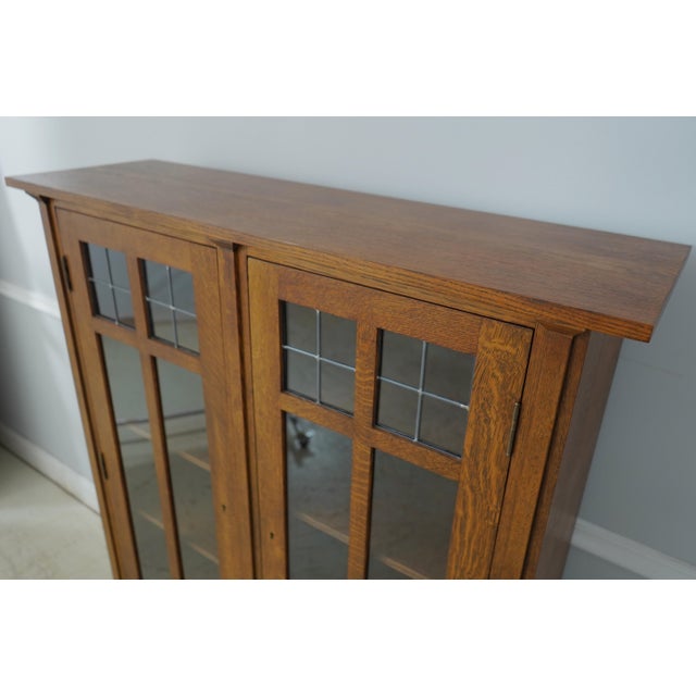 Wood Stickley 2 Door Mission Oak Leaded Door Bookcase For Sale - Image 7 of 16