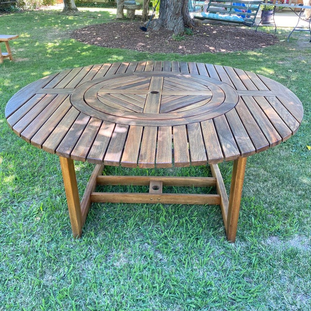 Brown Outdoor Wood Table With Lazy Suzy Center - 63" Round For Sale - Image 8 of 18