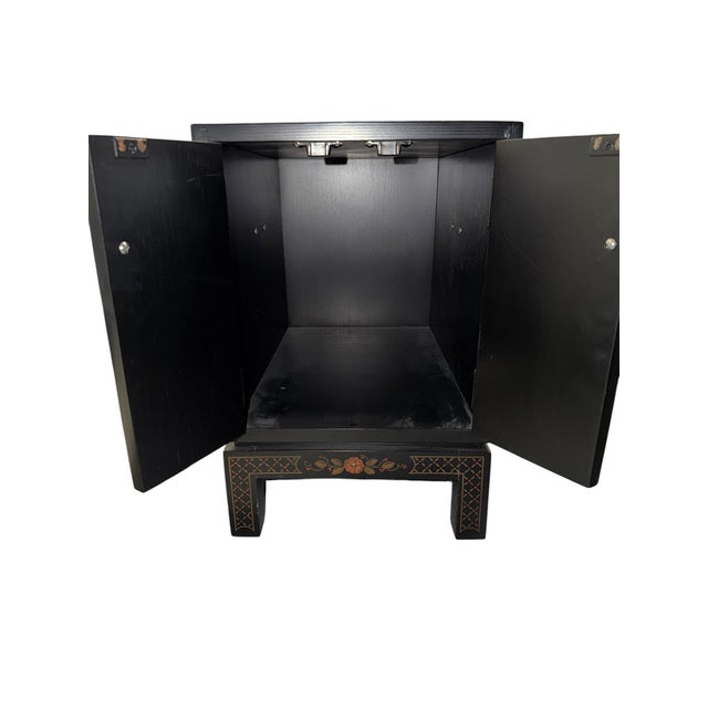Vintage Chinoiserie Black Lacquer Cabinet Side Table — Hand-Painted Asian Landscape For Sale - Image 11 of 11