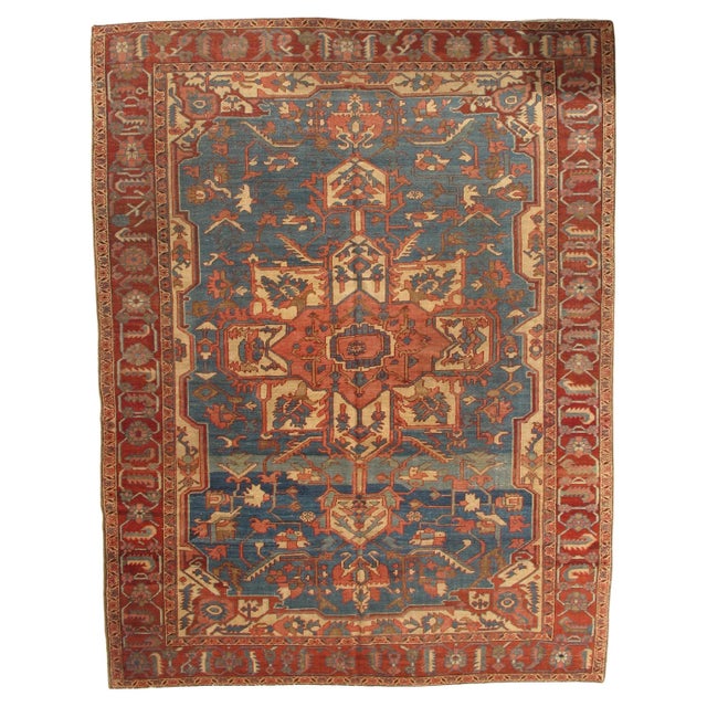 Antique Persian Serapi Carpet, Handmade Rug Light Blue, Ivory, Rusty Red For Sale - Image 18 of 18