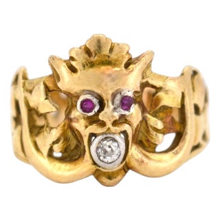 Antique Art Nouveau Gargoyle Ring 18k Gold - Ruby Eyes & Diamond Mouth, Size 7.5 For Sale