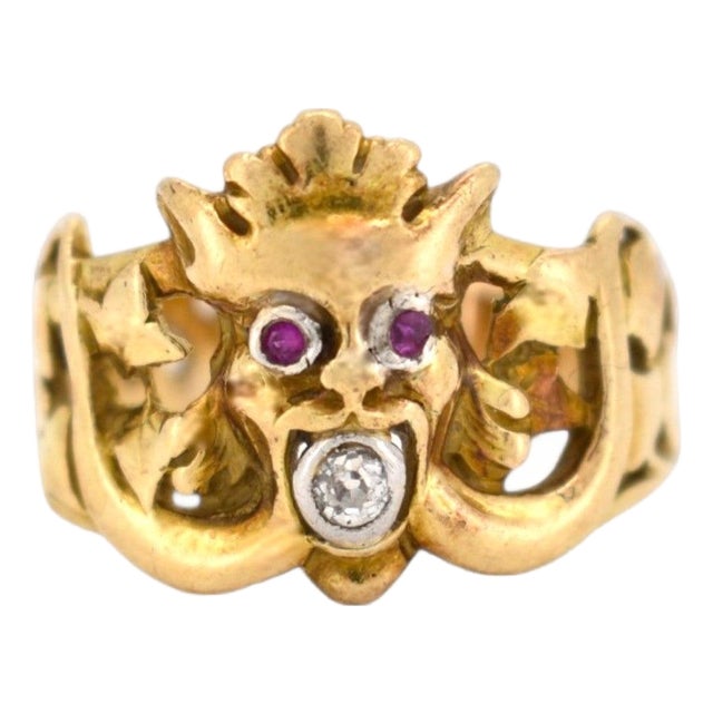 Antique Art Nouveau Gargoyle Ring 18k Gold - Ruby Eyes & Diamond Mouth, Size 7.5 For Sale