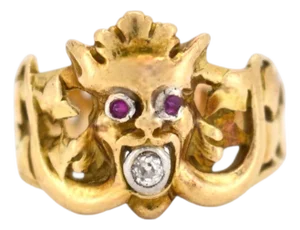 Antique Art Nouveau Gargoyle Ring 18k Gold - Ruby Eyes & Diamond Mouth, Size 7.5