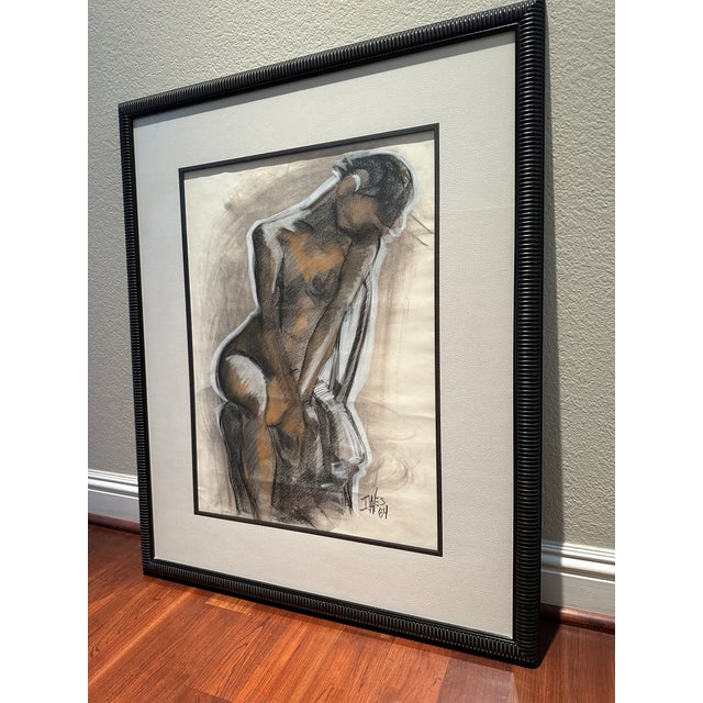 Vintage Signed 1984 Large Art Deco Style Charcoal and Pastel Drawing of a Female Figure For Sale - Image 10 of 10