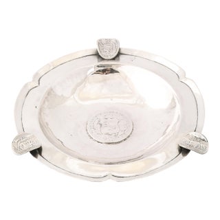 Art Deco Heavy Hand-Hammered .900 Sterling Silver Ashtray With Sculptural Coins For Sale