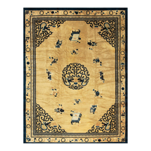 Great Tan and Navy Blue Color With Animalia and Figurative Design Vintage Chinese Peking Rug